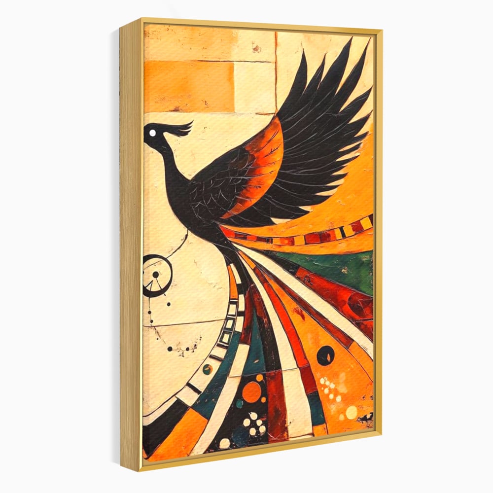 Tablou canvas cu tablou canvas cu pasar phoenix stilizata, in rama de aluminiu auriu